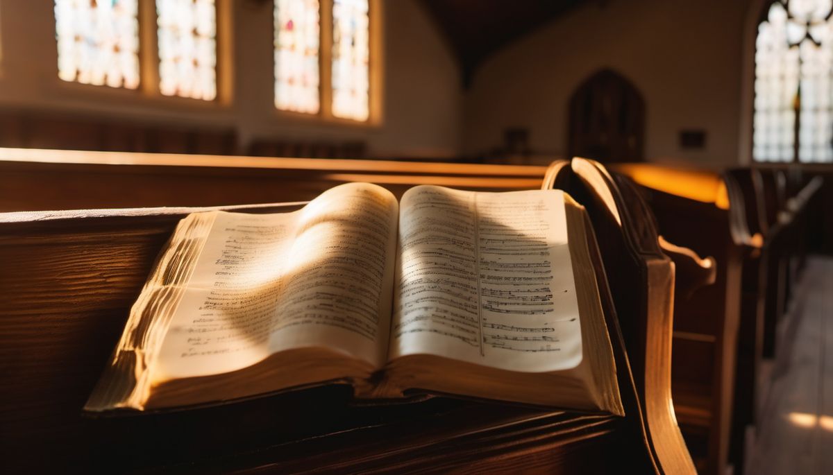 An open hymnal on a wooden church pew in warm golden light
